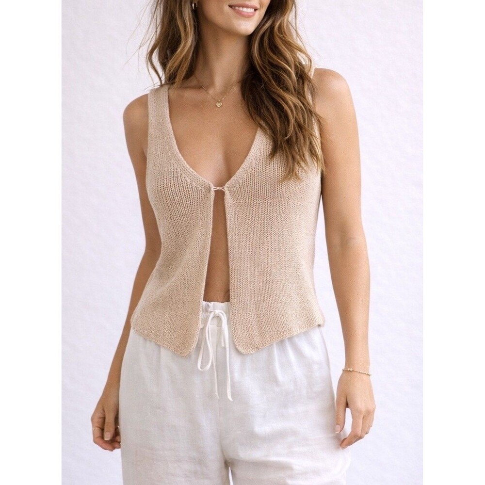 Commence Hook And Eye Knit Vest Beige Size XS  Festival Clean Girl Minimalist